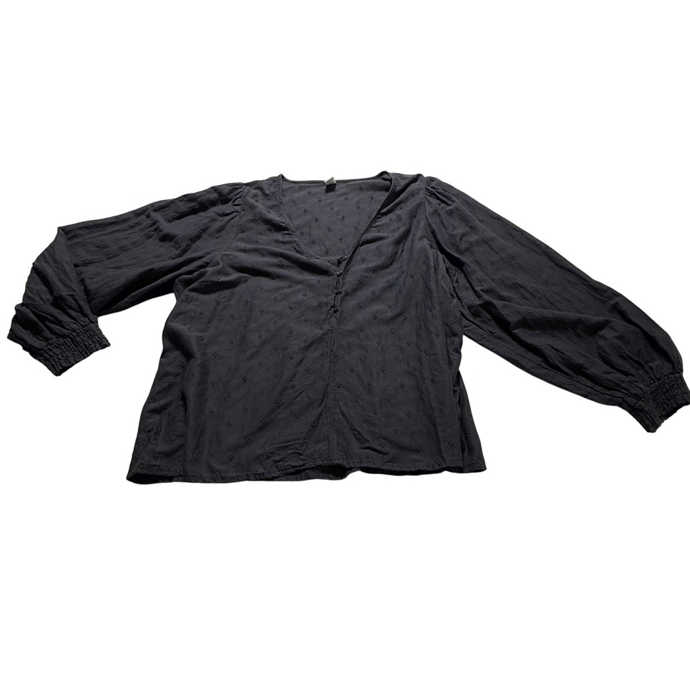 Old Navy Blouse Women XL Black Eyelet Blouson Sleeve Button Front‎ V-Neck Top